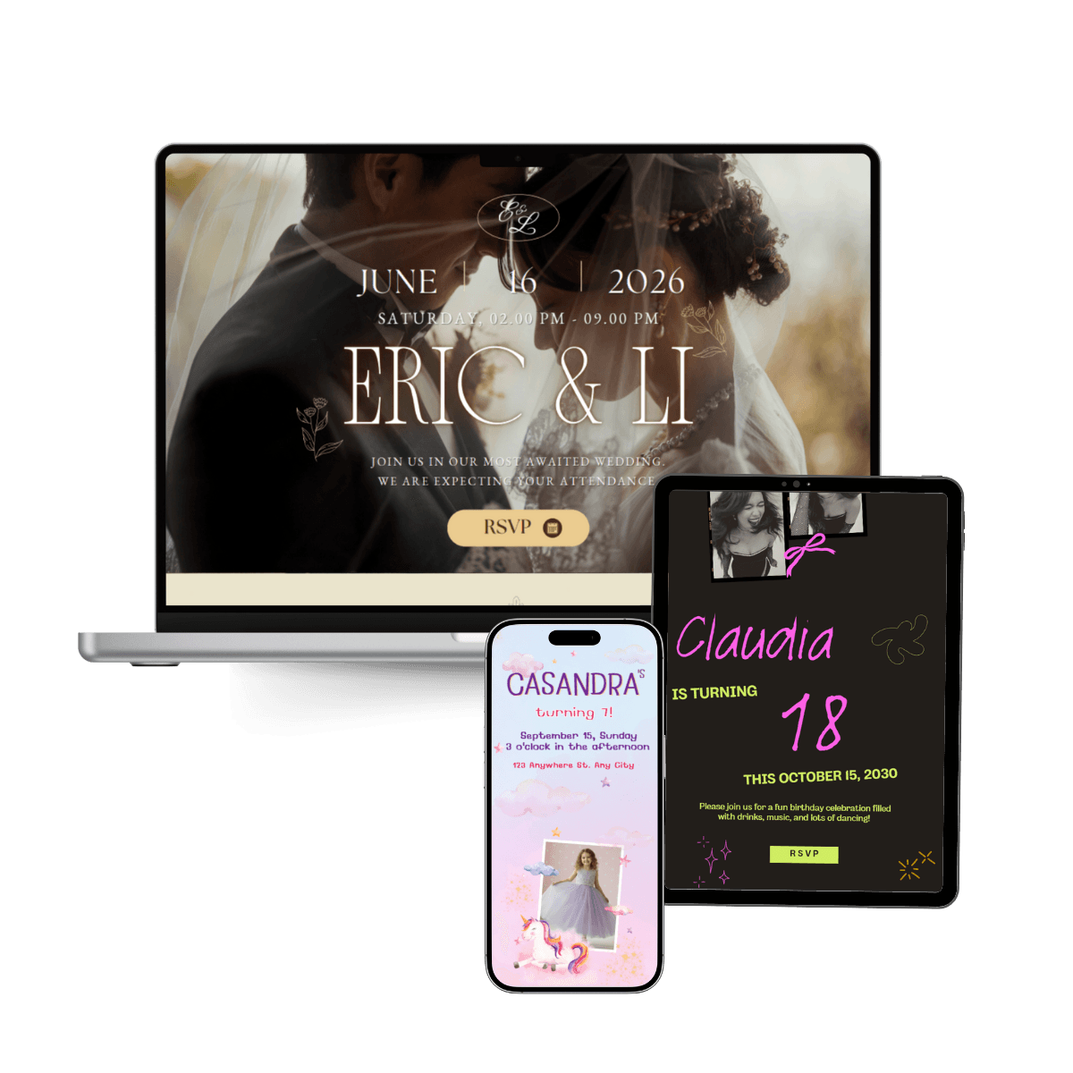 Personalized invitation websites displayed on desktop and mobile screens
